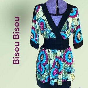 𝅺bisou Bisou Colorful 1990s V Neck Tunic Surplice Blouse Medium